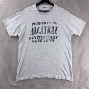 Vintage Alcatraz Penitentiary Swim Team T Shirt Mens Size Large Gray Graphic Tee